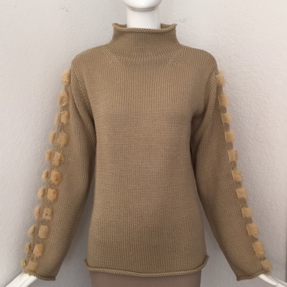 Lafayette 148 New York Sweaters - Lafayette camel mock neck fur trim sweater